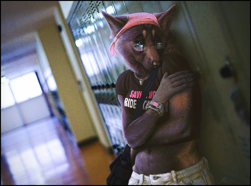 bandanna canine emo glasses high_school midriff photorealism sad solo star_(artist) wolf