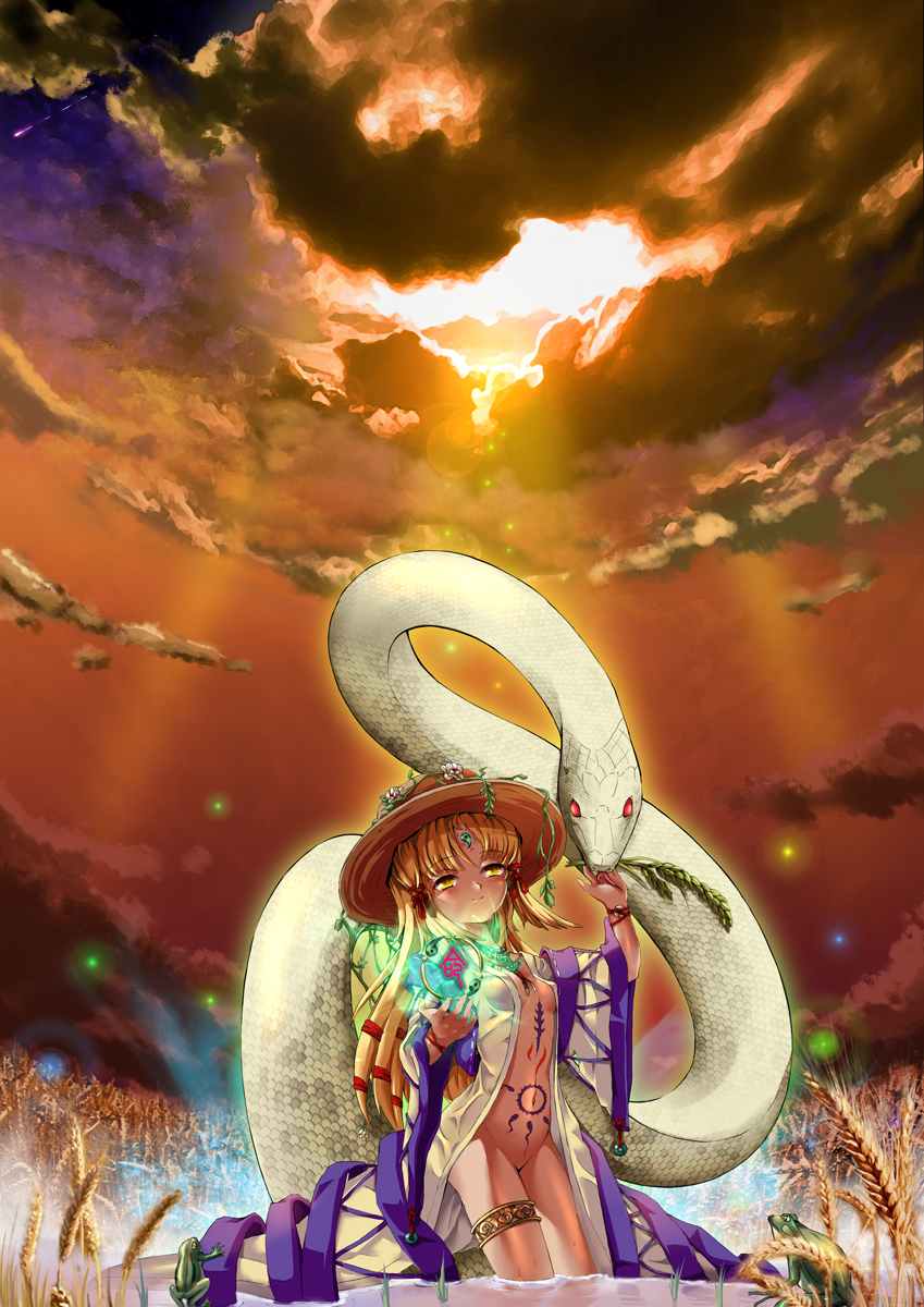 alternate_costume blonde_hair bodypaint bracelet breasts cloud commentary_request field flower frog groin hat highres jewelry light_rays light_smile long_hair magatama mishaguji moriya's_iron_rings moriya_suwako navel nude open_clothes open_shirt shirt sirills sky small_breasts snake solo sun sunbeam sunlight sunset thigh_strap touhou wading water white_snake yellow_eyes