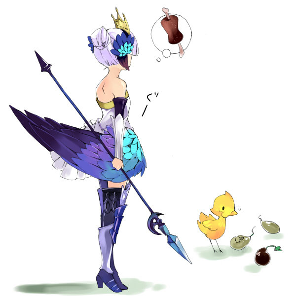 armor armored_dress bare_shoulders bird boned_meat chick crown dress food gameplay_mechanics gwendolyn hair_bun meat multicolored multicolored_wings no_choker oboro_keisuke odin_sphere polearm seed spear strapless strapless_dress thighhighs thought_bubble weapon white_hair wings