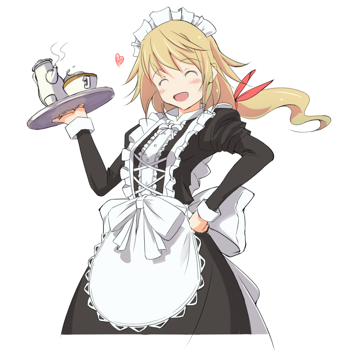 1girl blonde_hair charlotte_dunois eyes_closed frills hand_on_hip heart hips infinite_stratos koppori maid maid_headdress maid_uniform open_mouth ponytail simple_background smile solo white_background