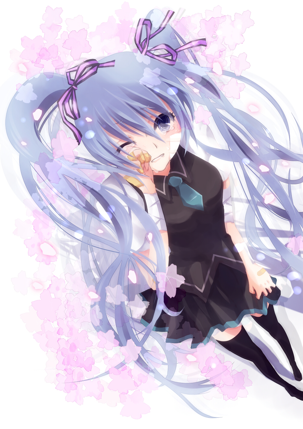 bad_id bad_pixiv_id bandages bandaid blue_eyes blue_hair cherry_blossoms from_above hair_ribbon hatsune_miku highres long_hair necktie oluha one_eye_closed ribbon skirt solo tears thighhighs twintails very_long_hair vocaloid