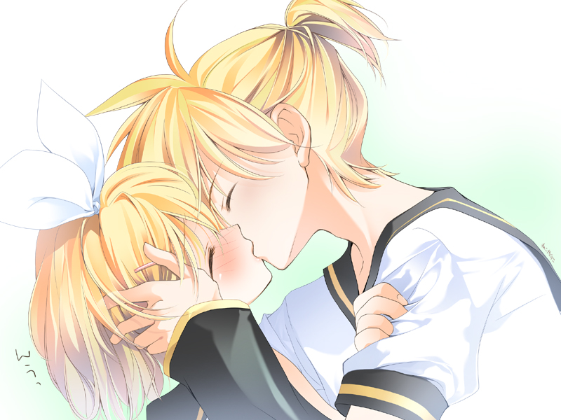 1girl arm_grab bad_id bad_pixiv_id blonde_hair blush brother_and_sister closed_eyes hair_ribbon hand_on_another's_head hetero incest kagamine_len kagamine_rin kiss nyankichi ponytail ribbon shirt siblings twincest twins vocaloid white_shirt
