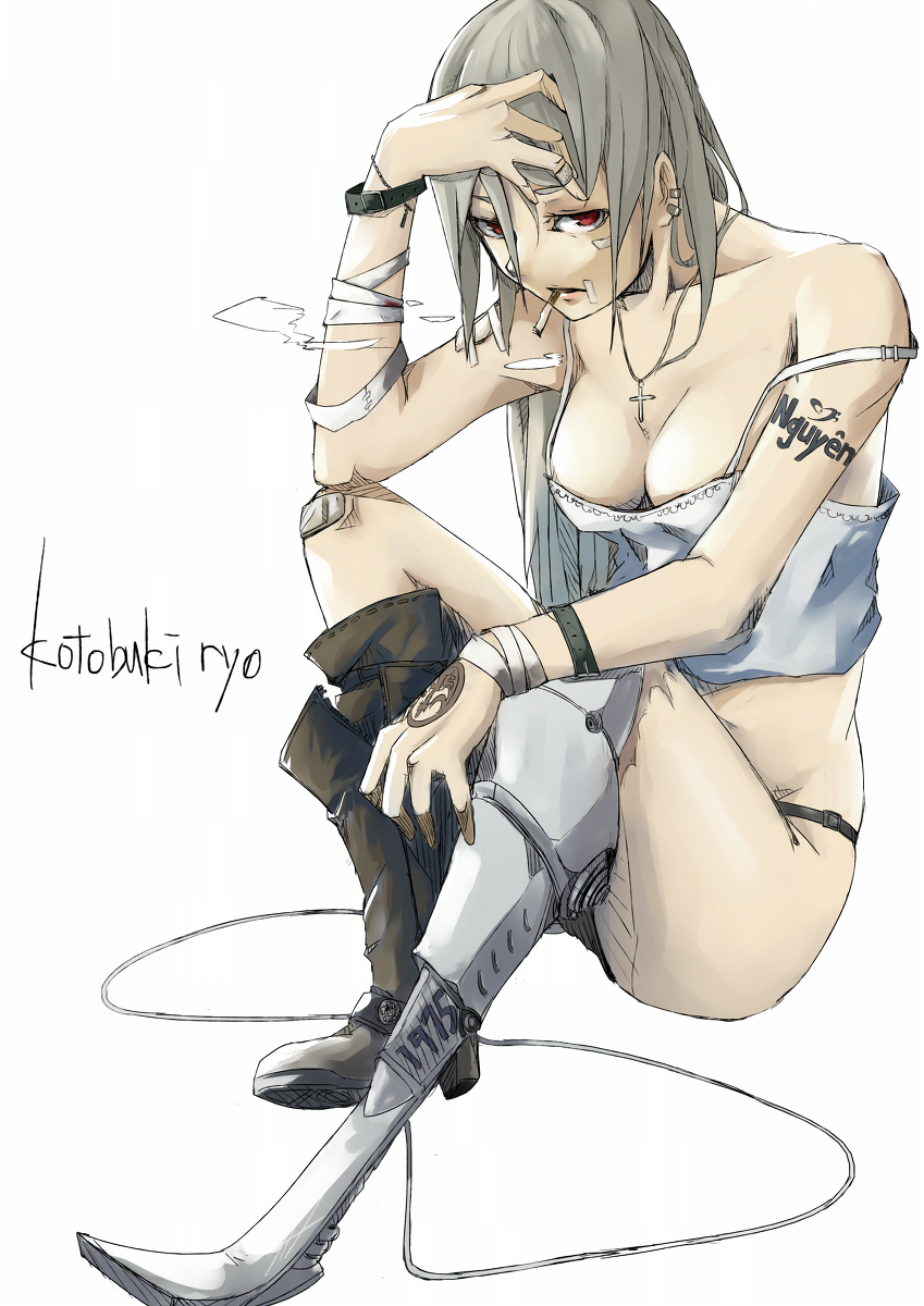 amputee bad_id bad_pixiv_id bandages bare_shoulders boots breasts camisole cigarette cleavage collarbone cross earrings highres jewelry kotobuki_ryou medium_breasts necklace original panties prosthesis red_eyes shoes signature simple_background single_shoe sitting smoke solo strap_slip tattoo underwear white_hair