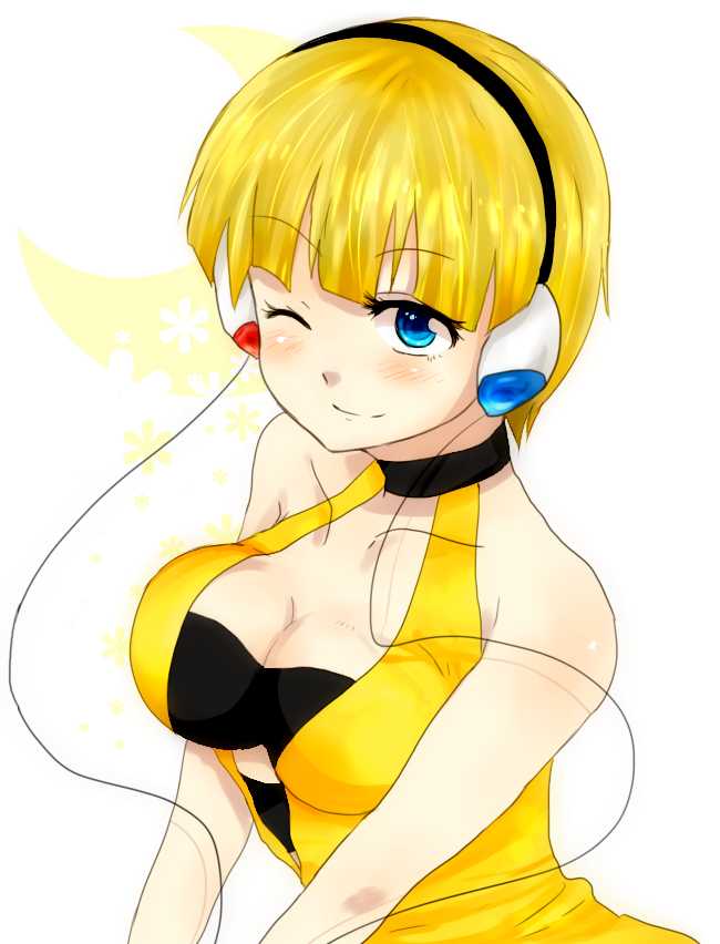 bare_shoulders blonde_hair blue_eyes blush breasts cleavage female gym_leader headphones kamitsure_(pokemon) nintendo one_eye_closed pokemon pokemon_(game) pokemon_black_and_white pokemon_bw short_hair smile solo white_background wink wire wires