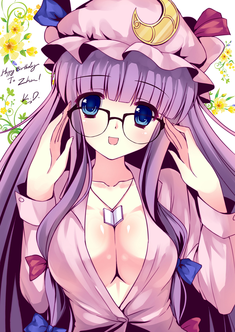 adjusting_eyewear bad_id bad_pixiv_id bespectacled between_breasts blue_eyes book bow breasts caidychen cleavage collarbone crescent face floral_background flower glasses hair_bow happy_birthday hat jewelry large_breasts long_hair looking_at_viewer necklace no_bra open_mouth patchouli_knowledge pendant purple_hair signature smile solo tareme touhou upper_body