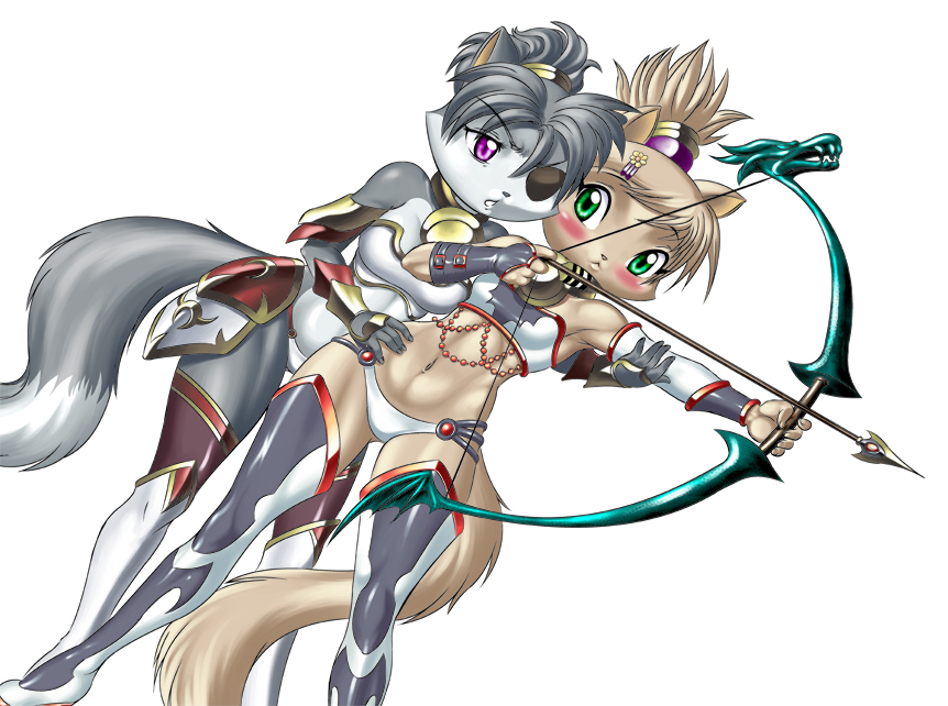 archery armor bell blush bow_(weapon) cat chochi collar couple cute experienced eye_patch feline female holding learning pose skimpy stance tuition unconvincing_armour wide_hips
