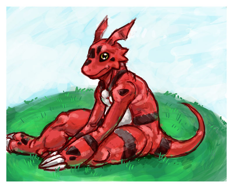 claws digimon dragon face_markings guilmon looking_at_viewer male markings nude reptile scalie sitting solo stagor55 tail yellow_eyes