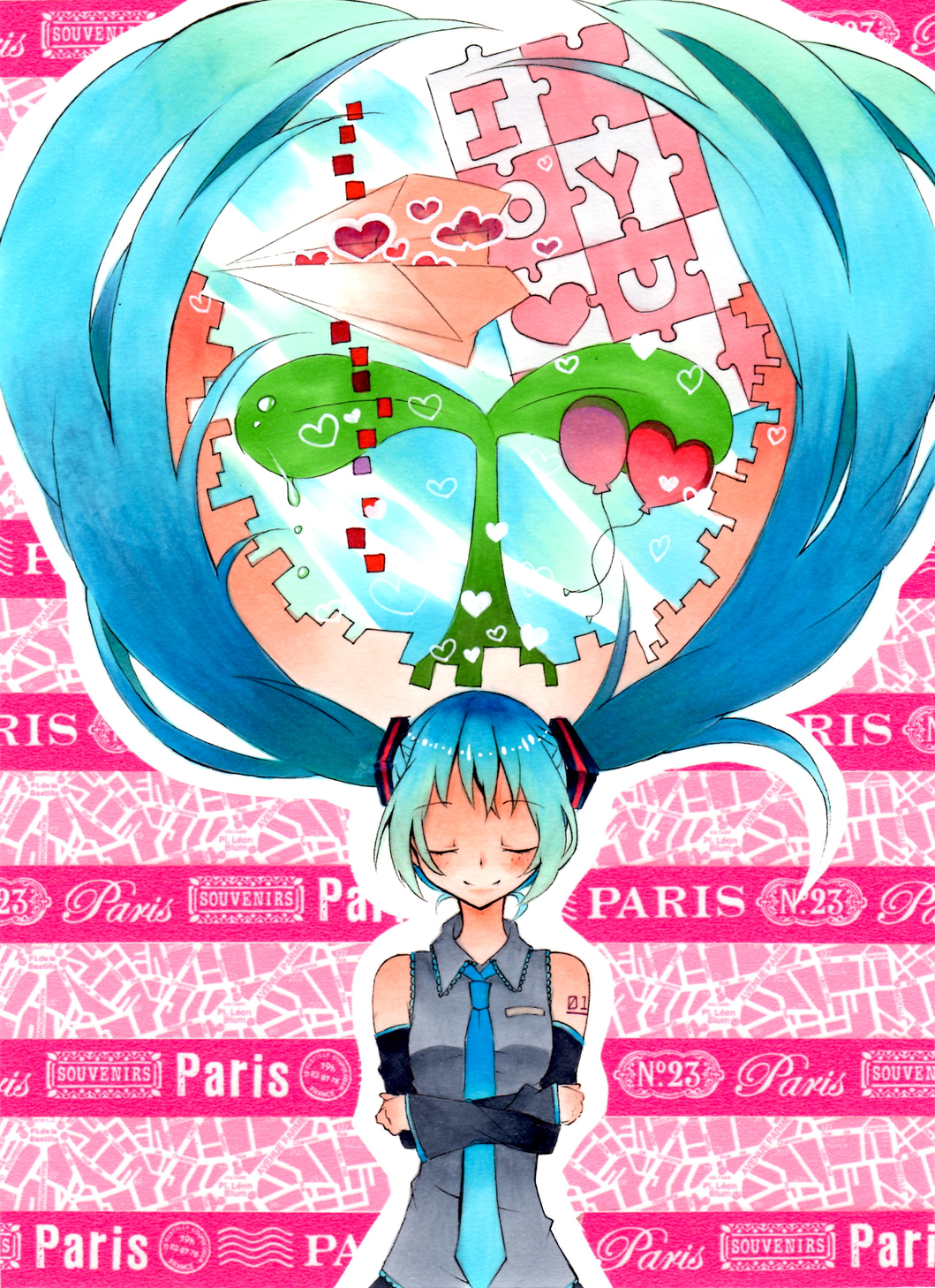 aqua_hair bad_id bad_pixiv_id balloon campanella_(vocaloid) closed_eyes creator_connection crossed_arms detached_sleeves floating_hair hatsune_miku heart hello_planet_(vocaloid) highres jigsaw_puzzle long_hair necktie paper_airplane plant puzzle rafuran shuumatsu_ga_yattekuru!_(vocaloid) smile solo songover twintails very_long_hair vocaloid