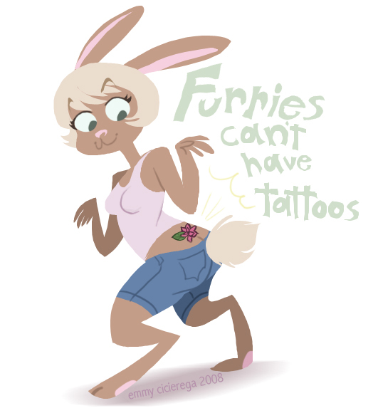 2008 b1nd1 blonde_hair clothed cute female flowers furry_bodymod hair humour lagomorph pawpads pink_nose pockets rabbit short_hair shorts smile solo tail tank_top tattoo tattooing the_truth unfair