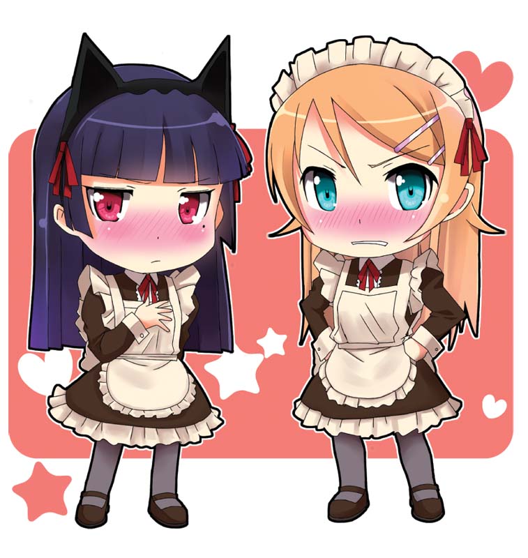 apron aqua_eyes bad_id bad_pixiv_id blush gokou_ruri hair_ornament hairclip heart kousaka_kirino long_hair maid_headdress masamuuu mole mole_under_eye multiple_girls open_mouth orange_hair ore_no_imouto_ga_konna_ni_kawaii_wake_ga_nai pantyhose red_eyes star