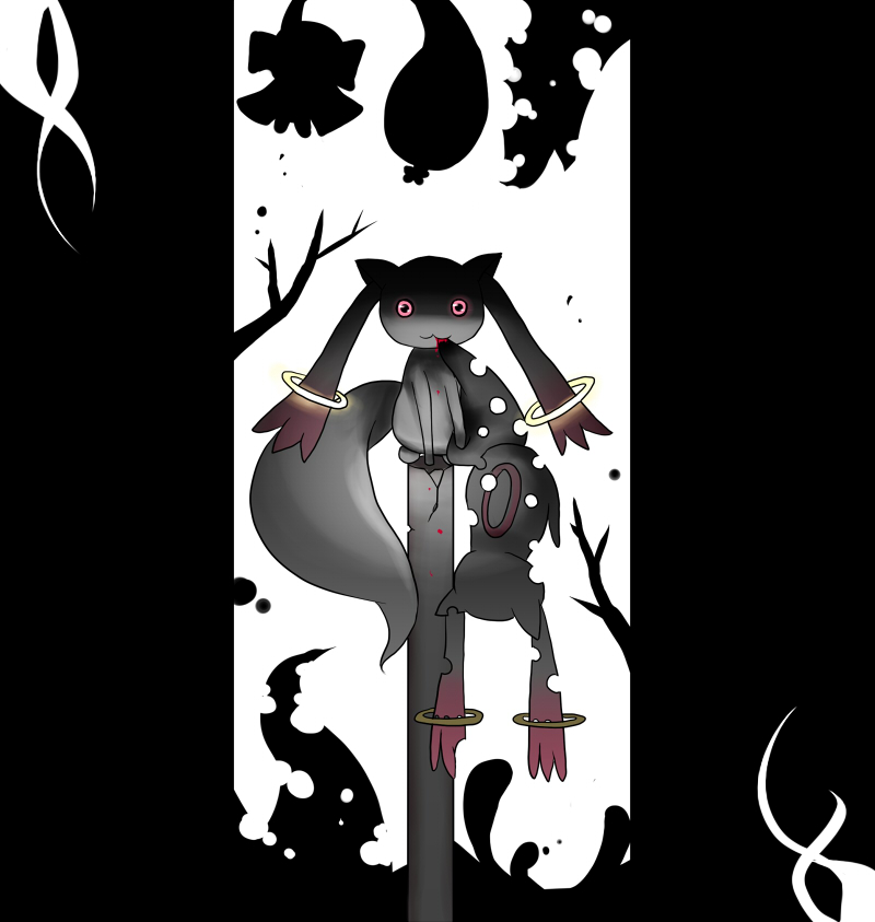 blood bullet_hole cannibalism charlotte_(madoka_magica) clone kotaka kyubey mahou_shoujo_madoka_magica no_humans shaded_face sitting spoilers