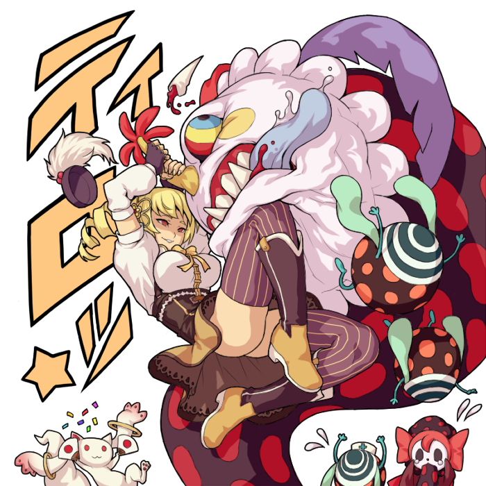 ass bad_id bad_pixiv_id blonde_hair blood breasts broken_tooth charlotte_(madoka_magica) cheering confetti demiano drill_hair fan fighting good_end hat horn horn_grab kicking kyubey large_breasts magical_girl mahou_shoujo_madoka_magica pyotr_(madoka_magica) red_eyes shaded_face striped striped_legwear tears thighhighs tomoe_mami tongue tongue_out troll_face twin_drills twintails