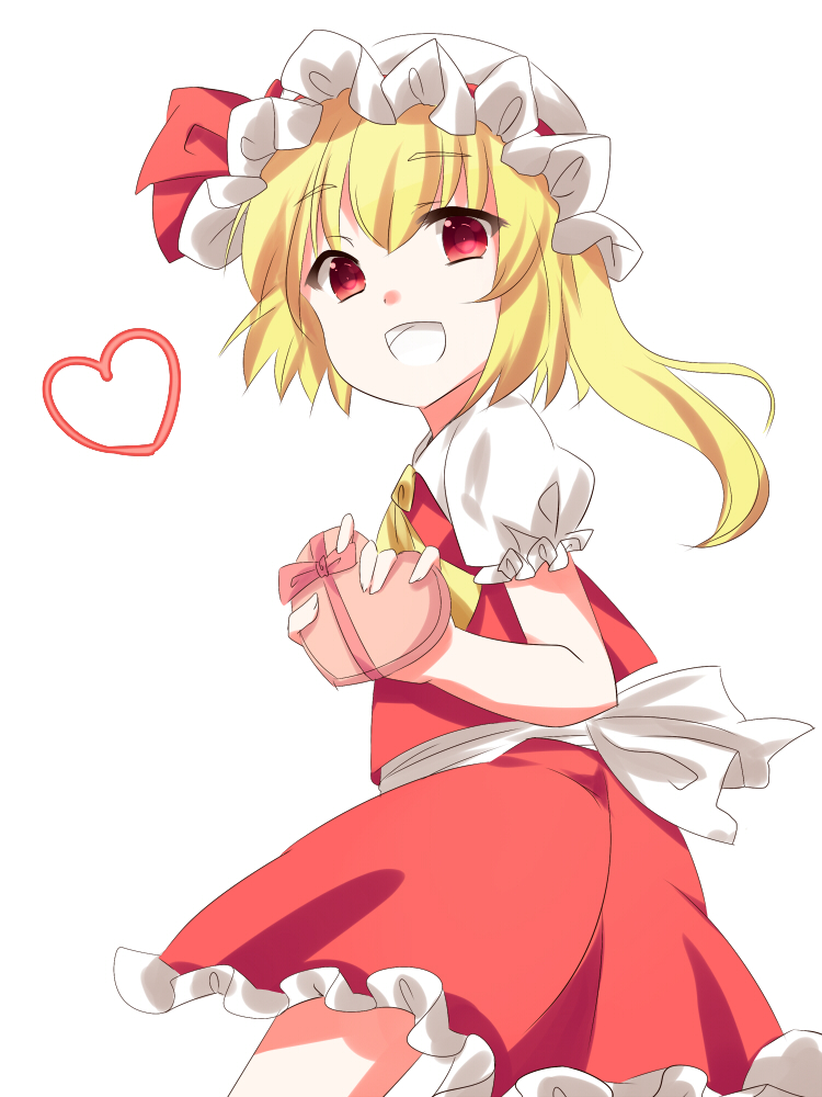 :d ascot bad_id bad_pixiv_id blonde_hair box chocolate flandre_scarlet gift hat heart heart-shaped_box holding holding_gift niyo open_mouth red_eyes short_sleeves side_ponytail simple_background smile solo touhou valentine