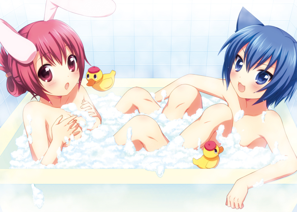 :3 :d :o animal_ears arm_support bangs bath bathing bathroom bathtub beret blue_eyes blue_hair blush breasts bubble_bath bunny_ears cat_ears clenched_hand convenient_censoring covering covering_breasts flat_chest folded_ponytail from_side hair_between_eyes hair_ornament hair_up hairclip happy hat indoors knees_up looking_at_viewer medium_breasts multiple_girls nude onka open_mouth original partially_submerged pink_eyes pink_hair rubber_duck sakura_(usashiro_mani) shared_bathing short_hair sitting smile soap_bubbles soap_censor surprised tile_wall tiles toy usashiro_mani