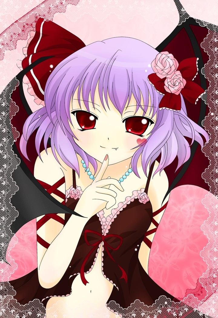 babydoll bat_wings fang flower hair_flower hair_ornament heart jewelry necklace no_hat no_headwear pink_flower pink_rose purple_hair red_eyes remilia_scarlet rose short_hair smile solo touhou wings