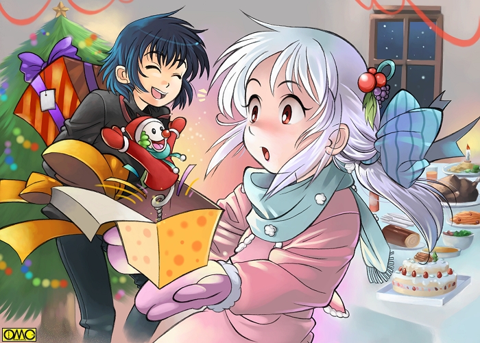 1girl blue_hair christmas christmas_tree degawa_tetsudou food gift jack-in-the-box laughing mittens omc scarf surprised white_hair