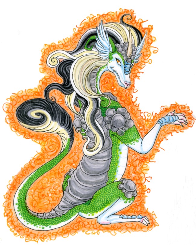 chival chival_(character) dragon female feral green hair horns long_hair scalie solo tail