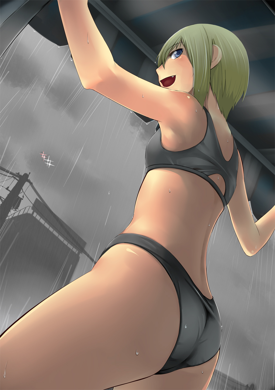 :d armpits ass back bangs black_bra black_hair blonde_hair blue_eyes blush bra cloud cloudy_sky donarudo dutch_angle fang flat_chest from_below highres kon_futaba looking_back naughty_face open_mouth outstretched_arms panties power_lines rain short_hair sideways_mouth sky smile solo soredemo_machi_wa_mawatteiru sports_bra spread_arms standing telephone_pole transformer underwear underwear_only wet