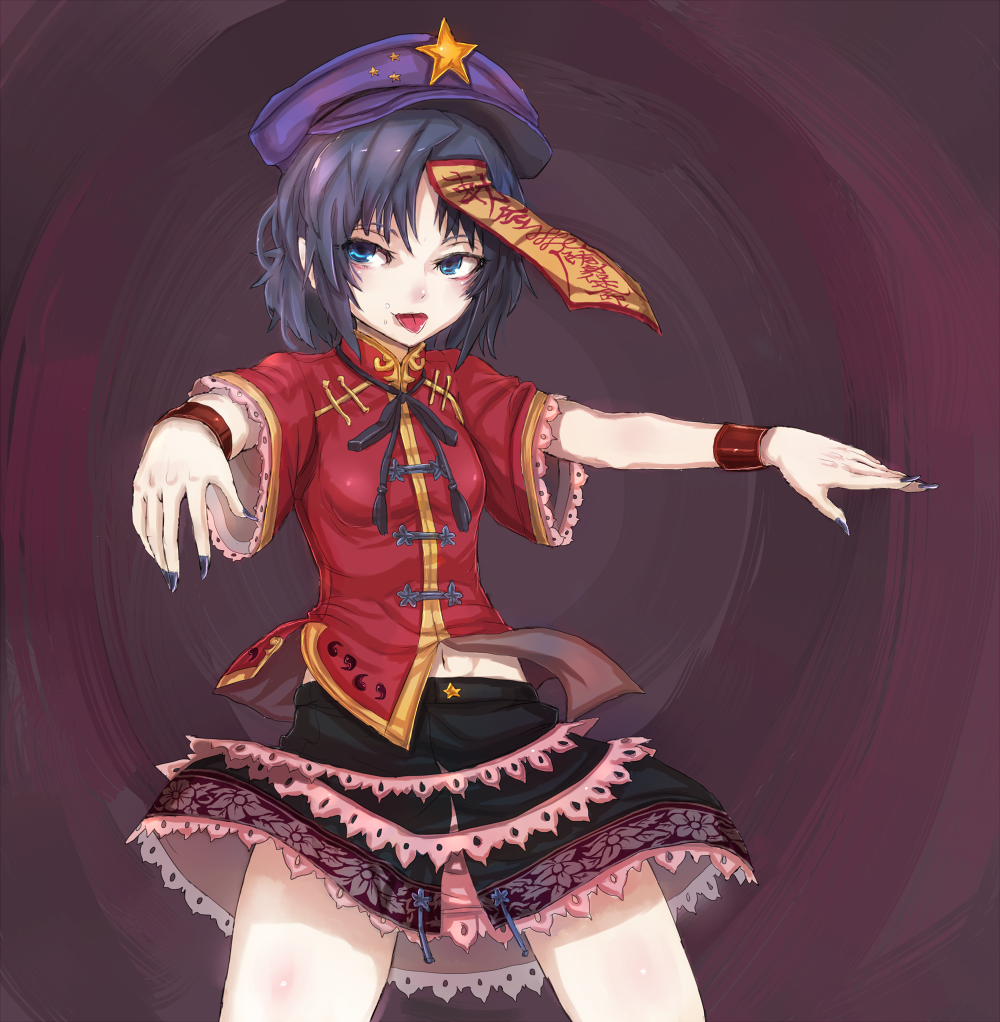 :p aqua_eyes black_hair blue_eyes hat jiangshi midriff miyako_yoshika nail_polish navel ofuda outstretched_arms pale_skin panzer short_hair skirt solo star tongue tongue_out touhou wristband