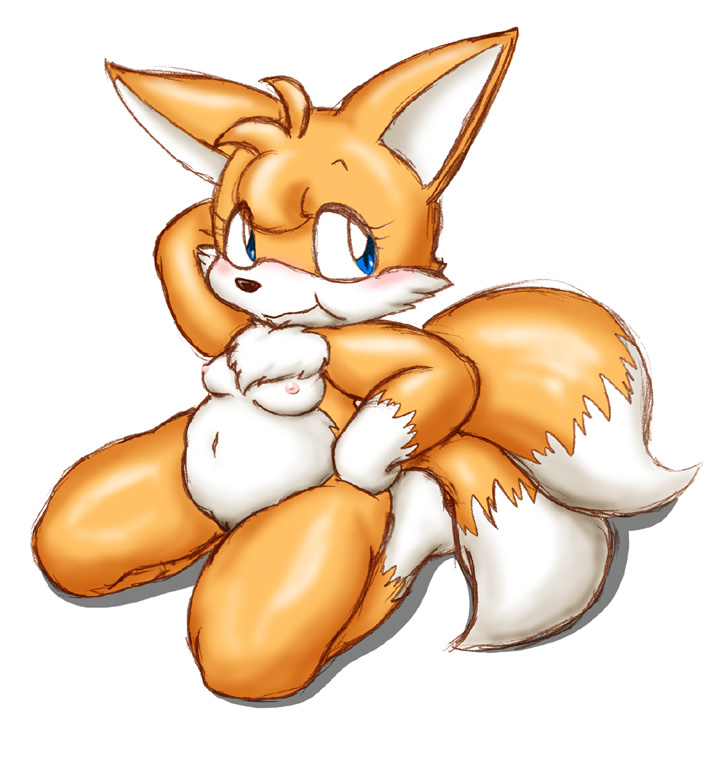 blue_eyes blush breasts canine chest_tuft chubby female fox genderbend kitsune kneeling miles_prower multiple_tails nipples orange pussy solo sonic_(series) tail ten