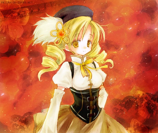 bad_id bad_pixiv_id beret blonde_hair brown_dress corset detached_sleeves dress drill_hair hat kaylin magical_girl mahou_shoujo_madoka_magica red_background ribbon skirt smile solo tomoe_mami twin_drills twintails yellow_eyes