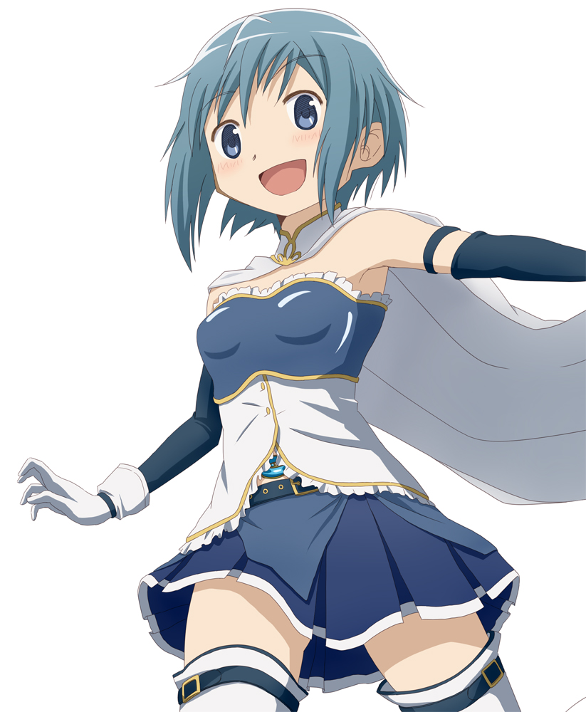 :d bad_id bad_pixiv_id banned_artist bare_shoulders blue_eyes blue_hair blush cape detached_sleeves gloves gonzaburou magical_girl mahou_shoujo_madoka_magica miki_sayaka official_style open_mouth short_hair simple_background smile solo thighhighs white_gloves white_legwear zettai_ryouiki
