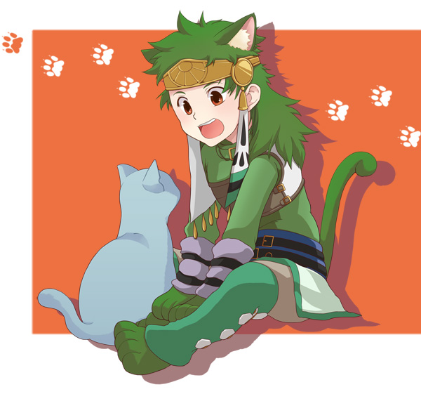 :d ahoge animal_ears bad_id bad_pixiv_id belt brown_eyes cat cat_ears cat_tail extra_ears full_body green_hair green_shirt happy headband kemonomimi_mode kingyomorattayo long_hair male_focus messy_hair open_mouth pants paws shirt simple_background sitting smile solo tail tales_of_(series) tales_of_rebirth tytree_crowe