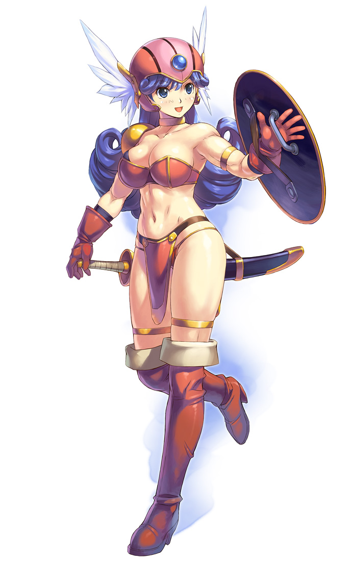 :d armor bikini_armor blue_eyes blue_hair boots breasts cleavage dragon_quest dragon_quest_iii gloves helmet long_hair medium_breasts muscle navel open_mouth red_armor sheath sheathed shield smile soldier_(dq3) solo sword thigh_boots thighhighs uchiu_kazuma weapon winged_helmet