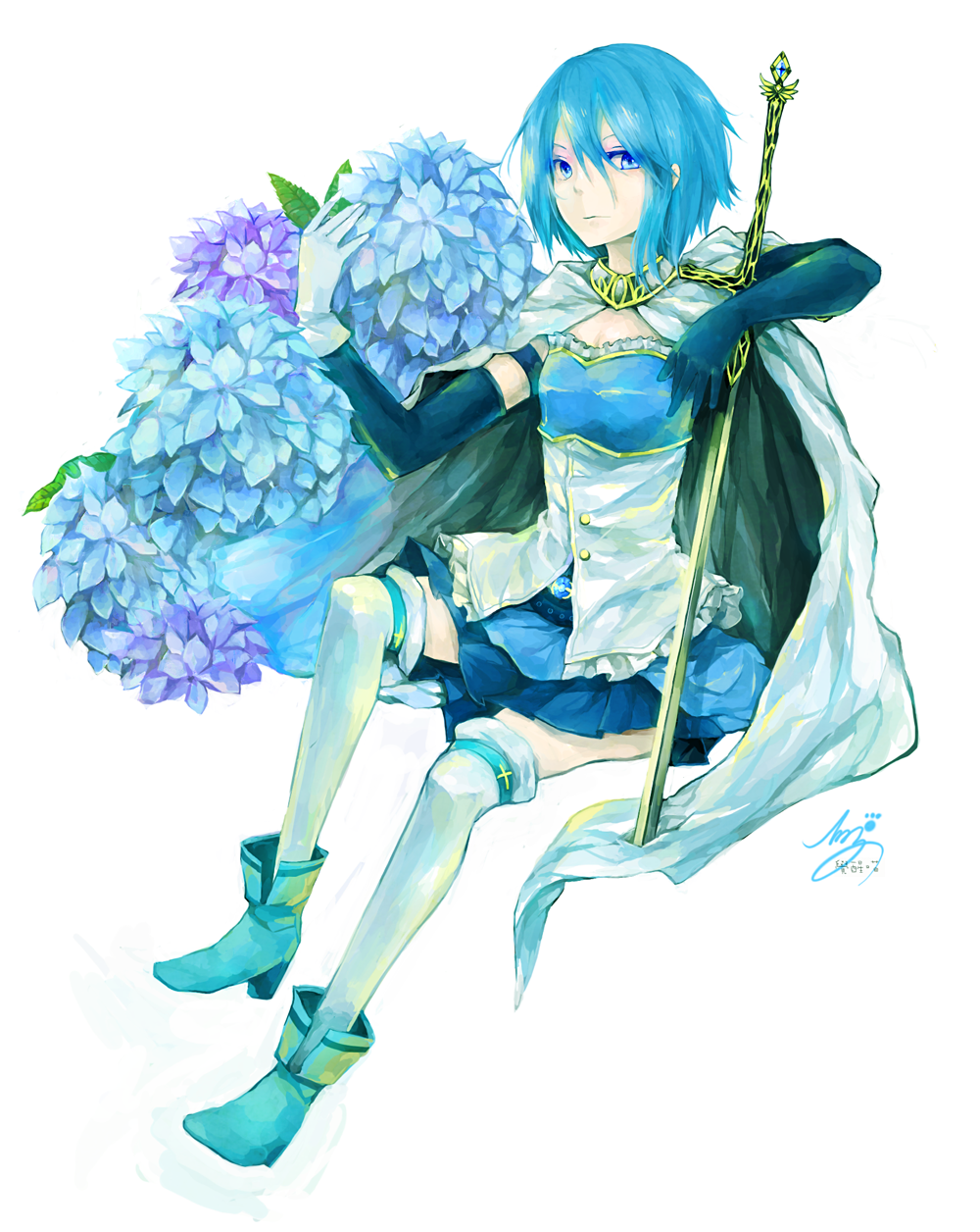 ankle_boots bad_id bad_pixiv_id blue_eyes blue_footwear blue_hair boots cape floating_hair flower full_body gloves hair_between_eyes highres hydrangea magical_girl mahou_shoujo_madoka_magica miki_sayaka moemoe3345 short_hair simple_background sitting solo sword thighhighs weapon white_gloves white_legwear