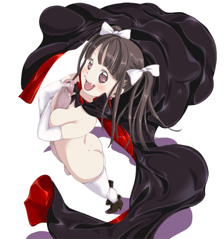 1girl arched_back ass autopaizuri between_breasts black_hair blush bow breasts brown_eyes cape censored erection fangs flat_chest full-package_futanari futanari gloves hair_ribbon huge_penis large_penis looking_at_viewer open_mouth penis pointless_censoring red_eyes ribbon self_paizuri smile solo testicles thighhighs tongue vampire white_legwear yozora