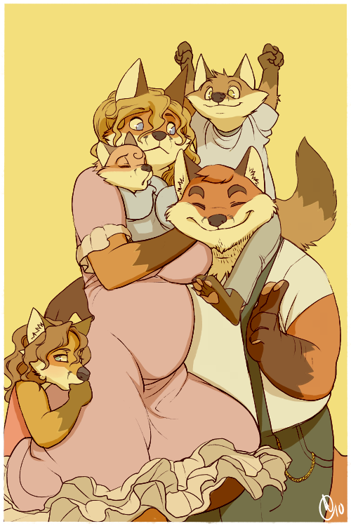 blue_eyes brown_hair canine child clothing daughter dress family family_portrait father female fox foxes good_parenting hair male mammal mother pants parent patto photo pocket_chain pregnant shirt smile son suspenders young