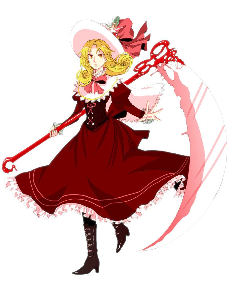 blonde_hair boots dress elly full_body hat holding holding_scythe juliet_sleeves long_sleeves maro4 puffy_sleeves ribbon scythe short_hair simple_background solo touhou touhou_(pc-98) white_background yellow_eyes