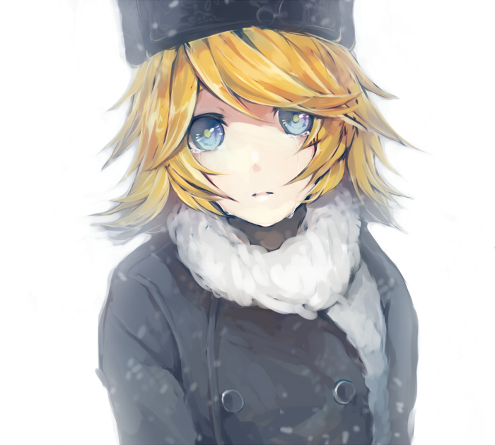 aqua_eyes bad_id bad_pixiv_id blonde_hair coat hat kagamine_rin met-tha psycho-puzzle scarf short_hair snow solo tears vocaloid winter_clothes winter_coat