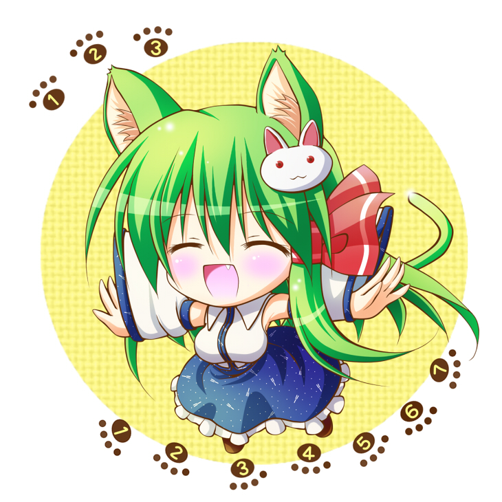 :d ^_^ animal_ears bunny cat_ears cat_tail chibi closed_eyes detached_sleeves fang green_hair hair_ornament kochiya_sanae long_hair open_mouth osashin_(osada) outstretched_arms smile solo spread_arms tail touhou