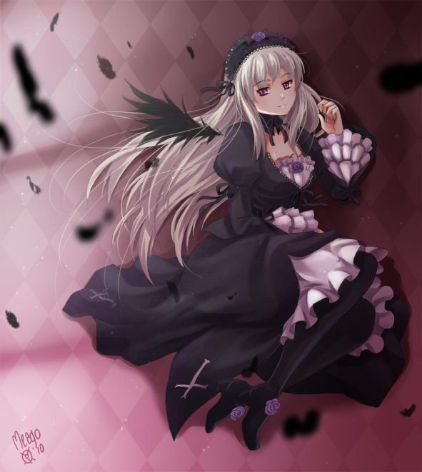 boots cross dress face flower gothic_lolita grey_hair headdress lolita_fashion long_hair meago purple_eyes purple_flower purple_rose rose rozen_maiden solo suigintou thigh_boots thighhighs wings
