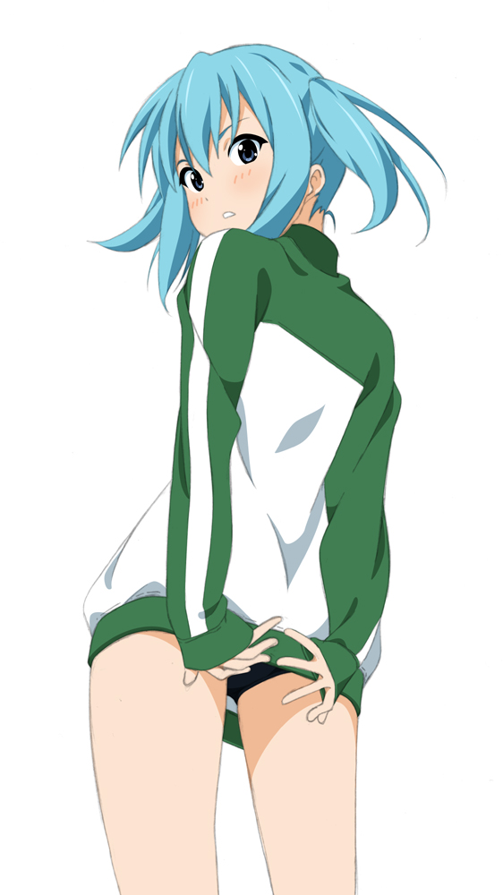 ass bangs blue_eyes blue_hair blush covering covering_ass cowboy_shot from_behind fukuoka_katsumi hair_between_eyes jacket long_sleeves looking_at_viewer looking_back misaki_(fukuoka_katsumi) no_pants original panties pantyshot pantyshot_(standing) short_hair simple_background solo standing track_jacket twintails underwear