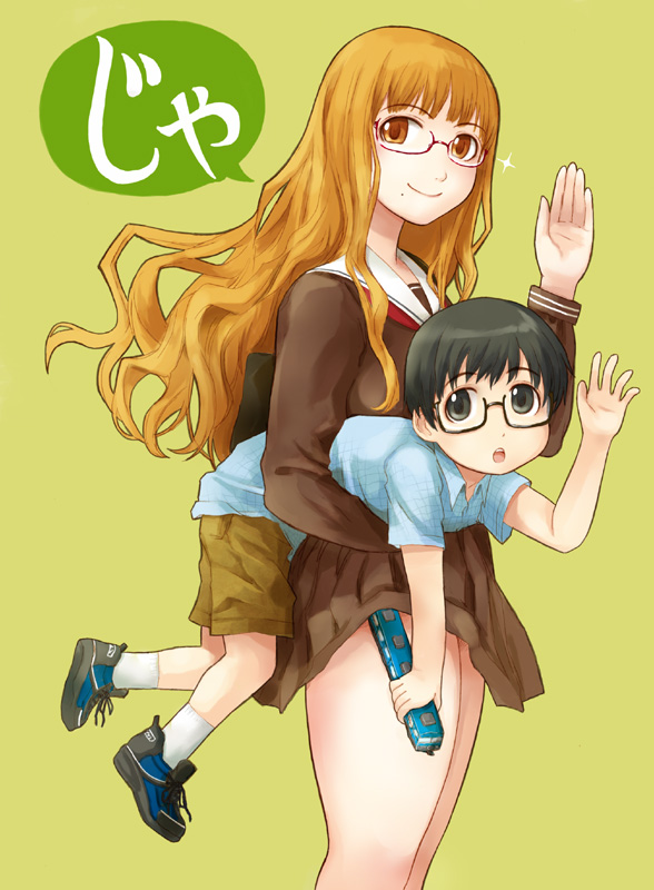 1girl age_difference bad_id bad_pixiv_id black_eyes black_hair brown_eyes brown_hair carrying carrying_under_arm child glasses ground_vehicle height_difference long_hair mole mole_under_mouth original school_uniform shoes skirt sneakers socks takagi_hideaki toy train under_skirt waving