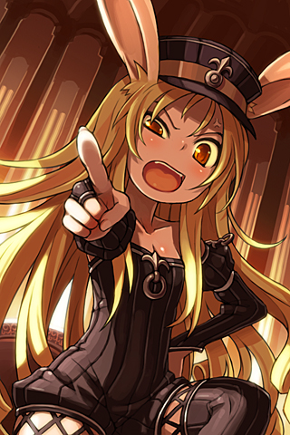 anger_vein angry animal_ears bail blonde_hair bridal_gauntlets bunny_ears cannelle flat_chest gloves hand_on_hip hat long_hair lowres open_mouth orange_eyes pointing shako_cap solo sword_girls tail uniform