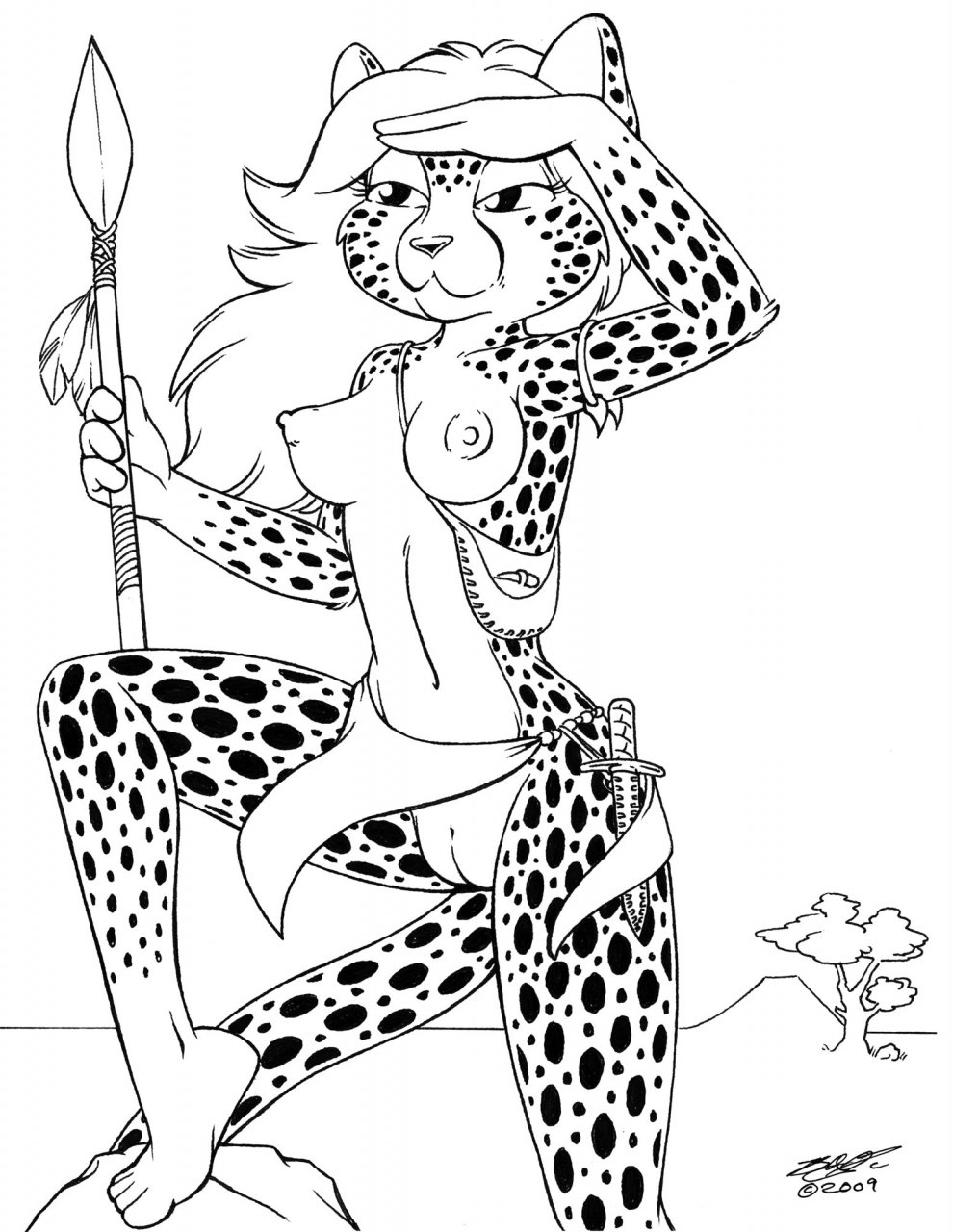 2009 breasts brian_o'connell cheetah exposed feline female knife loincloth navel nipples nude polearm pussy skimpy solo spear spots standing topless underwear weapon