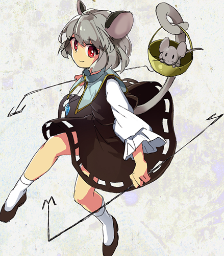 animal_ears bad_id bad_pixiv_id basket capelet dress grey_hair jewelry kogiso lowres mouse mouse_ears mouse_tail nazrin pendant red_eyes short_hair solo tail touhou