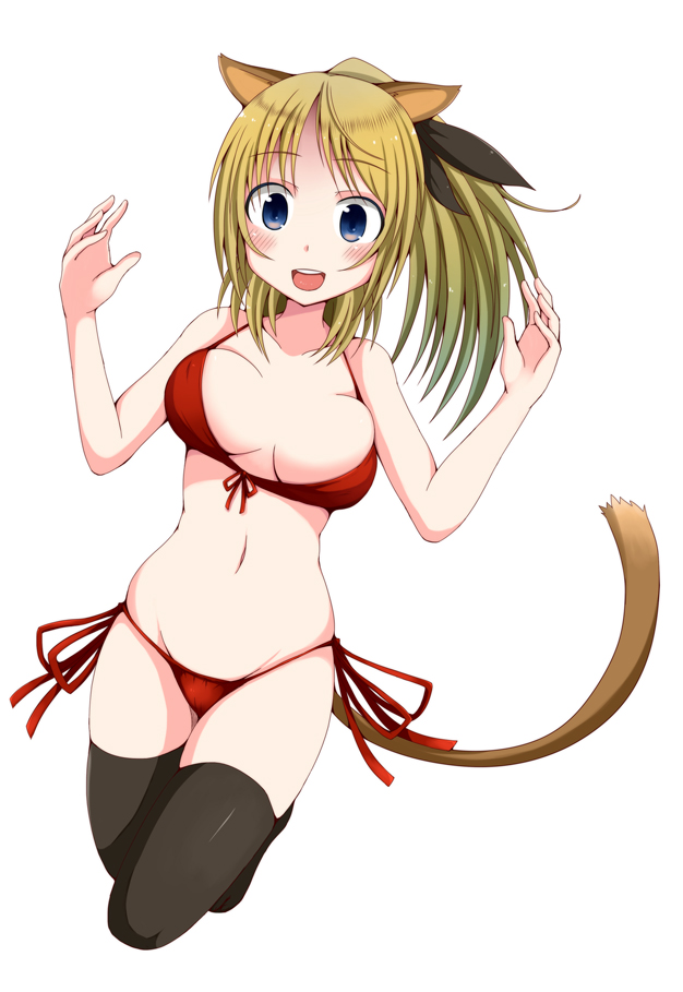 animal_ears bikini black_legwear blonde_hair blue_eyes blush breasts front-tie_top katharine_ohare large_breasts ponytail rosettastone side-tie_bikini simple_background skindentation smile solo swimsuit tail thighhighs world_witches_series