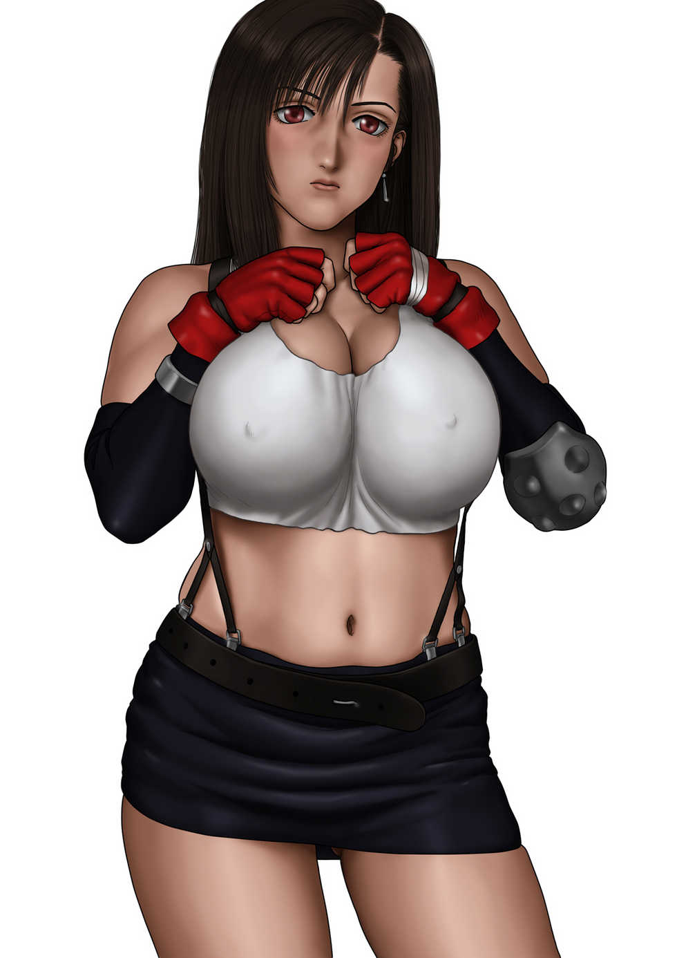big_breasts blush breast_suppress breasts brown_hair cleavage curvy earrings erect_nipples female final_fantasy final_fantasy_vii fingerless_gloves gloves highres jewelry karma-laboratory large_breasts long_hair midriff miniskirt pose red_eyes simple_background skirt solo standing suspenders tifa_lockhart very_long_hair white_background