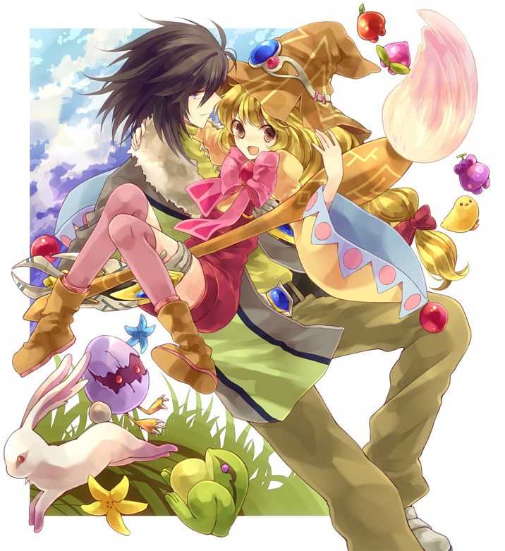 1girl :o ahoge bad_id bad_pixiv_id beryl_benito black_hair blonde_hair blue_eyes boots bow brooch brown_eyes bunny carrying cloud coat couple creature egg frog full_body grass hair_ribbon happy hat height_difference hetero hisui_hearts jewelry long_hair paintbrush pants pink_bow pink_legwear princess_carry ribbon shiya_(rock0) shorts sky smile tales_of_(series) tales_of_hearts thighhighs witch_hat