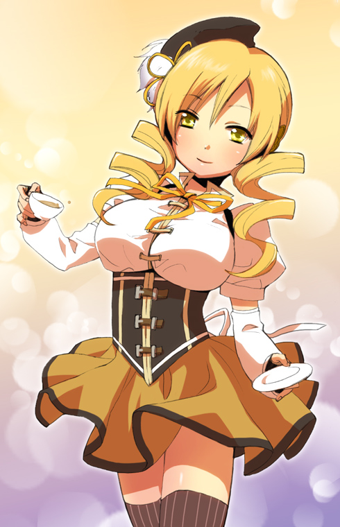 beret blonde_hair breasts cup drill_hair hair_ornament hat large_breasts magical_girl mahou_shoujo_madoka_magica pleated_skirt puffy_sleeves skirt solo teacup thighhighs tomoe_mami yellow_eyes yuzucky zettai_ryouiki