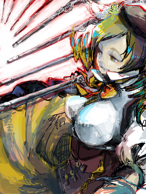 beret blonde_hair drill_hair gun hat mahou_shoujo_madoka_magica solo tegaki tomoe_mami weapon yellow_eyes