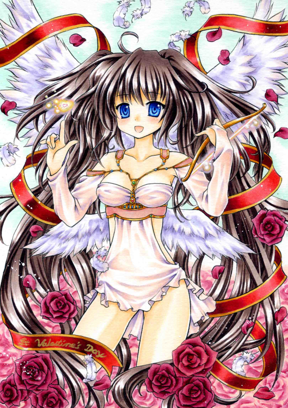 angel angel_wings bad_id bad_pixiv_id bow_(weapon) feathers flower funnyfunny marker_(medium) original petals red_flower red_rose ribbon rose solo traditional_media weapon wings