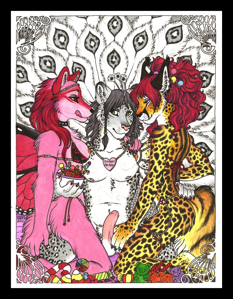 2011 balls breasts butterfly candy canine ear_piercing earring feline female licking_lips luthiennightwolf male necklace nude penis piercing pink straight threesome wings wolf
