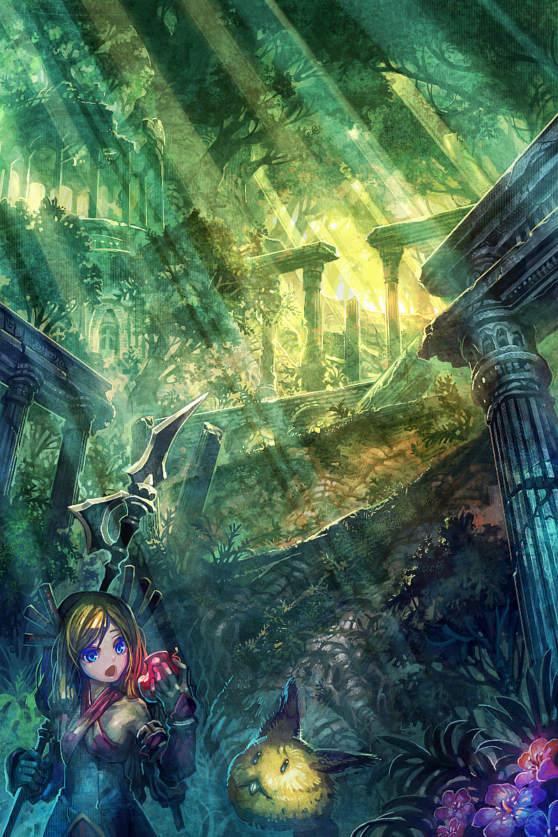 apple blonde_hair food forest fruit hair_ornament highres imu_(lom) legend_of_mana long_hair monster nature overgrown polearm rabite ruins scenery seiken_densetsu solo spear sunlight weapon zounose