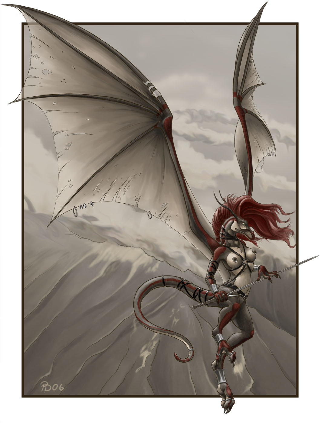 dragon female flying leather mountain nude philipp_peteranderl scalie silber solo straps sword tess weapon