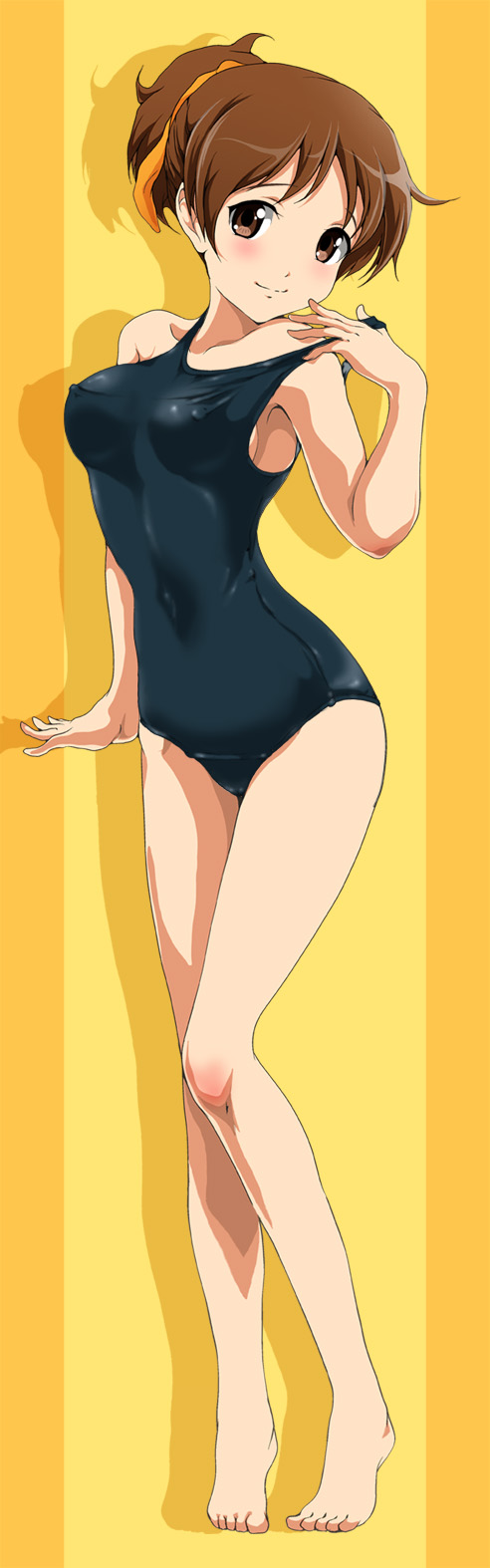 barefoot breasts brown_eyes brown_hair covered_nipples highres hirasawa_ui k-on! medium_breasts nanashi_noiji one-piece_swimsuit ponytail school_swimsuit smile solo swimsuit